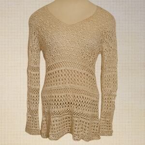 Intuition's Beige Gold Metallic Crochet Lace Layering Top Medium Silk Blend